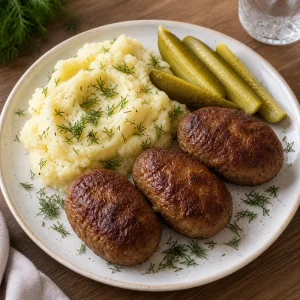 Hot beef kotleti served with mashed potatoes, pickles, and dill