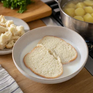 White bread slices soaking in milk beside cooking potatoes