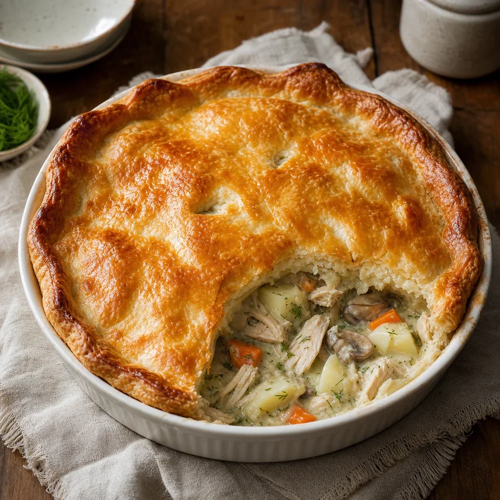Finished Russian chicken pot pie with creamy chicken filling