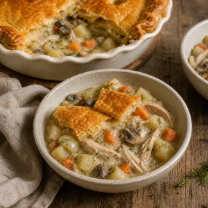 Served bowl of chicken pot pie with flaky crust