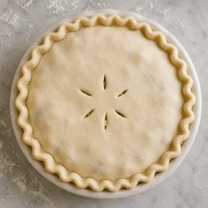 Unbaked pot pie with crimped pastry and steam vents