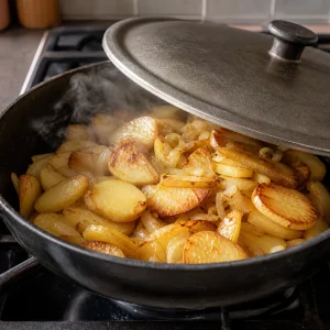 A loosely covered skillet steaming potatoes until tender