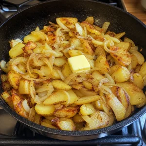 Browning potatoes with sliced onion and butter in the skillet