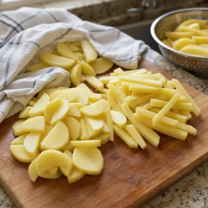 Cut potatoes drying on a towel before frying