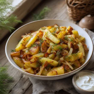 Finished fried potatoes with onion and dill beside sour cream