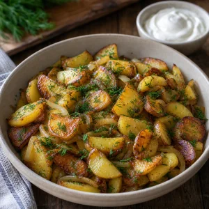 Fried potatoes finished with dill and served with sour cream
