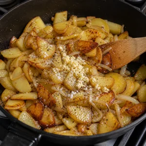 Garlic, salt, and pepper added to fried potatoes and onions