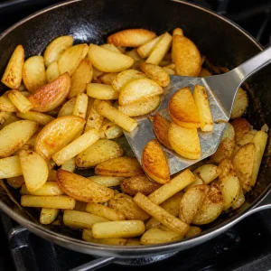 Golden potato slices being turned with a spatula