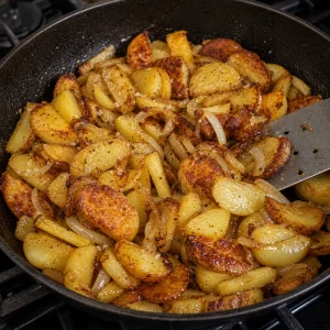 Uncovered fried potatoes crisping again in the skillet
