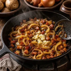 Speck, karamellisierte Zwiebeln und Knoblauch garen in einer Pfanne