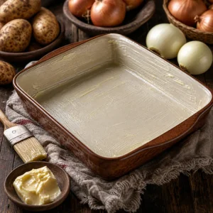 Gebutterte Keramikform mit Kartoffeln und Zwiebeln daneben