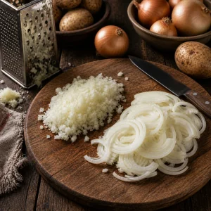 Gehackte Zwiebel und duenne Zwiebelscheiben auf einem Holzbrett