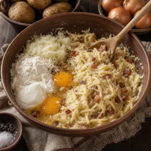 Geriebene Kartoffelmasse mit Speck, Eiern, Mehl und Sauerrahm
