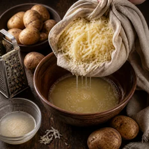 Geriebene Kartoffeln tropfen in einem Kuechentuch ueber einer Schuessel ab