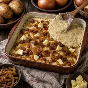 Kartoffel-Babka-Masse mit karamellisierten Zwiebeln und Butter geschichtet