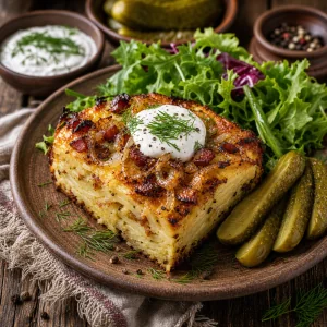 Stueck Kartoffel-Babka mit Sauerrahm, Dill, Gurken und Salat