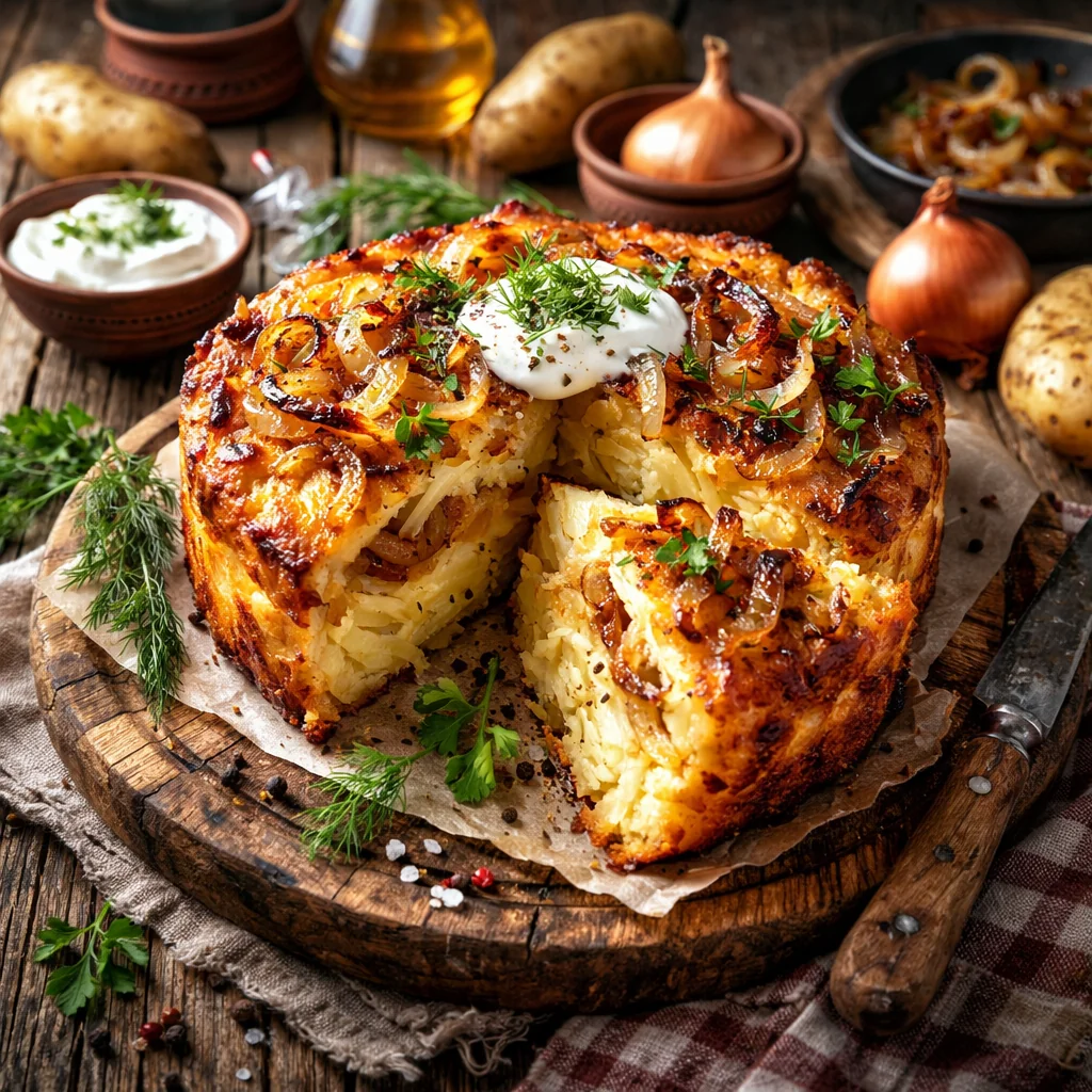 Rustic Belarusian Potato Babka with Caramelized Onions