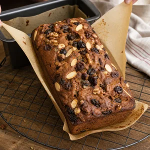 Gebackener Fruchtkuchen kuehlt auf Backpapier ab