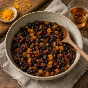 Trockenfruechte in Orangensaft und Rum eingeweicht