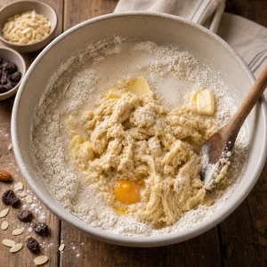 Mehl mit Milch unter den Fruchtkuchenteig gehoben