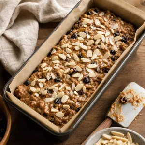 Fruchtkuchenteig in der Kastenform mit Mandeln