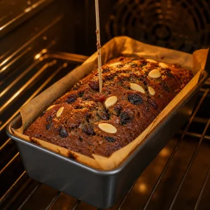 Fruchtkuchen backt in einer Form mit Backpapier