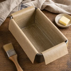 Mit Backpapier ausgelegte und gebutterte Kastenform