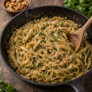 Chou chaud nappé de sauce aux noix et d’herbes