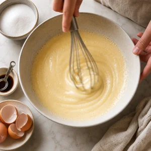 Eggs whisked with sugar and vanilla until pale for Italian tray cake batter