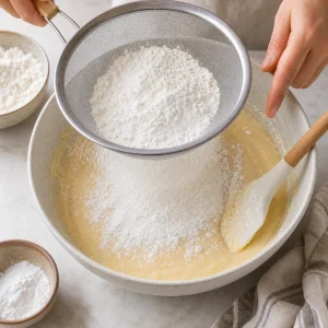 Flour and baking powder sifted into cake batter before gentle folding