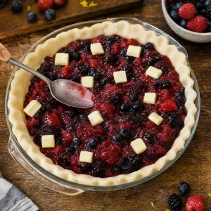 Berry filling spread in the crust with butter pieces