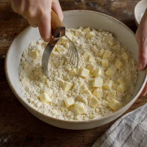 Cold butter cut into flour for pie dough