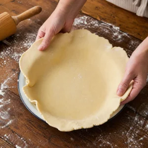 Rolled pie dough fitted into a pie plate