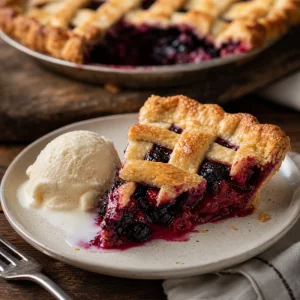 Slice of mixed berry lattice pie with vanilla ice cream