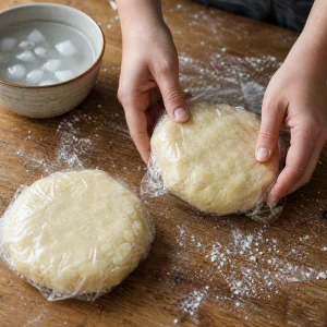 Two wrapped pie dough disks on a floured counter