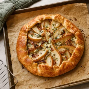Baked pear and blue cheese galette with a golden flaky crust