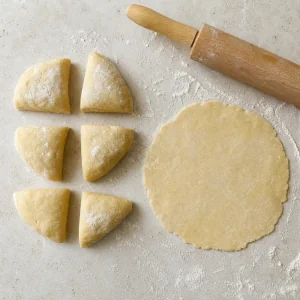 Chilled galette dough rolled into a thin rustic circle on a floured surface