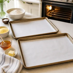 Parchment-lined baking sheets ready beside a preheated oven