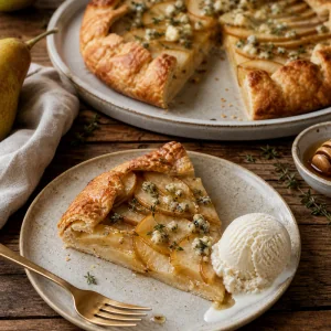 Slice of pear and blue cheese galette served with vanilla ice cream