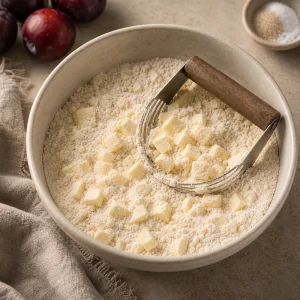 Cold butter cubes cut into flour in a mixing bowl
