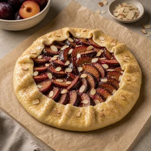 Folded raw plum galette with almonds and coarse sugar