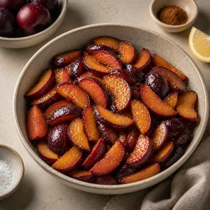 Glossy plum slices tossed with lemon and cinnamon