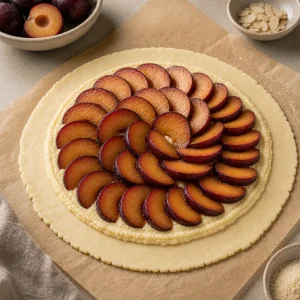 Plum slices arranged over almond frangipane on raw dough