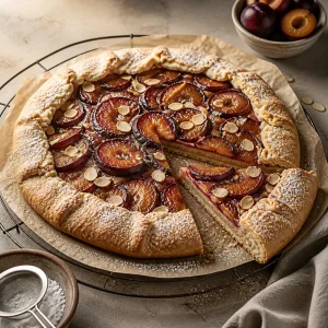 Sliced plum almond galette dusted with powdered sugar