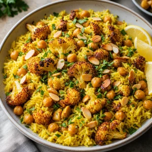 Pilaf di riso allo zafferano finito con cavolfiore arrosto, ceci e limone.