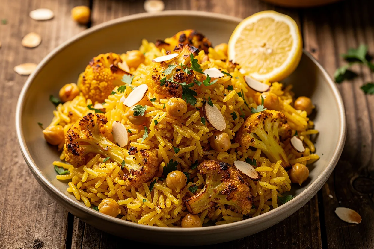 Pilaf de arroz con azafrán, coliflor asada y garbanzos