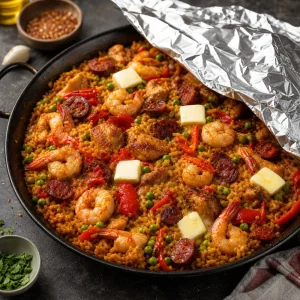 Butter melting over resting shrimp paella