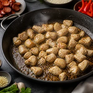 Chicken pieces browning in olive oil