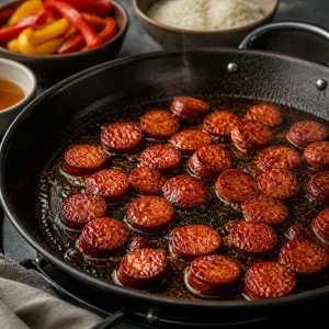 Chorizo slices browning in a paella pan