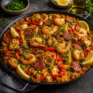 Finished shrimp paella with parsley and lemon